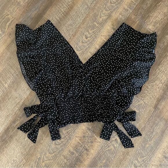 SHEIN Top Stretchy Polkadot Black White Smocked Side Tie 3X - Picture 9 of 13